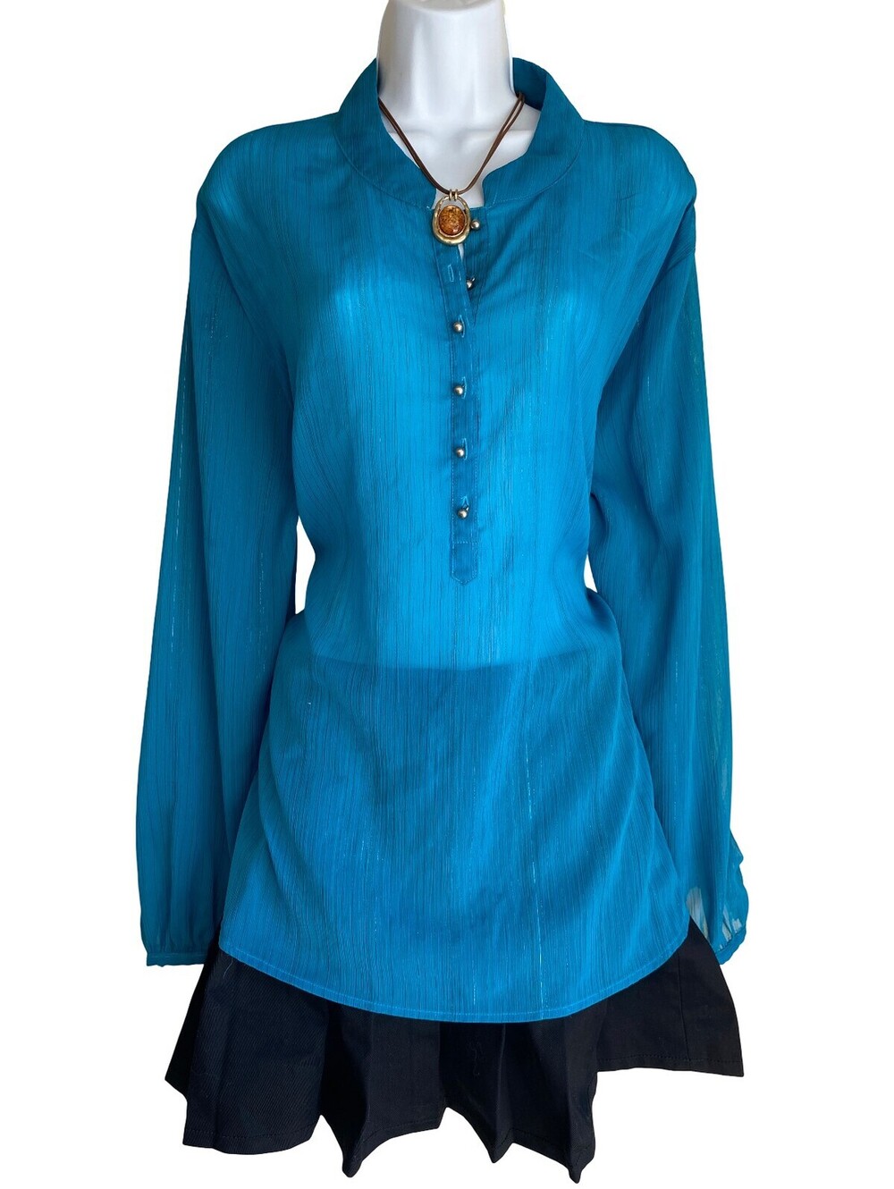 Vintage Eddie Bauer Plus 2X Teal Sheer Long Sleeve Henley Blouse Tunic Boho Fall